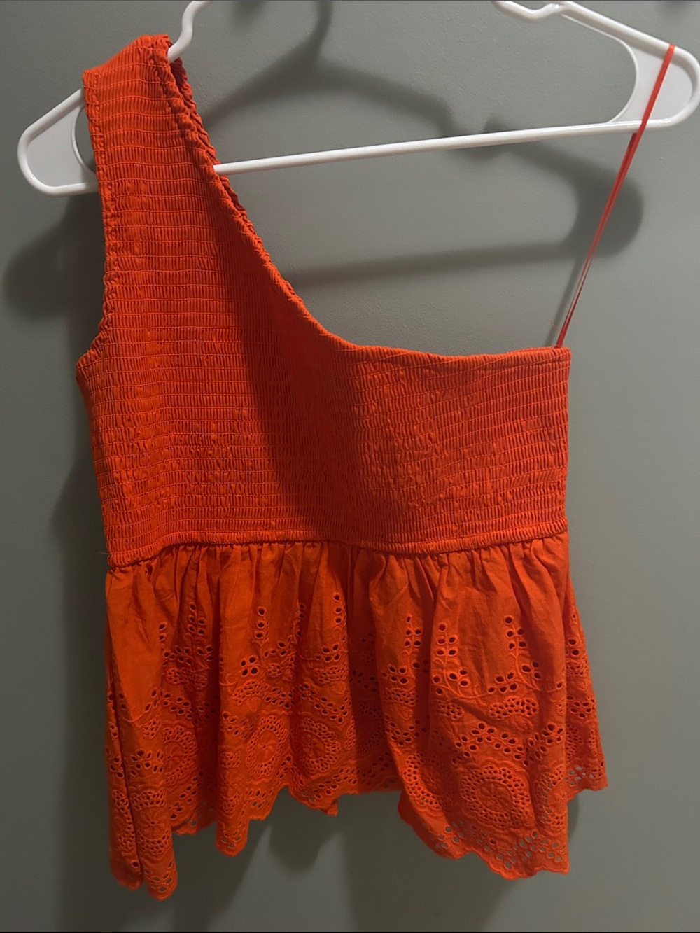 miami Orange One-Shoulder Eyelet Peplum Top